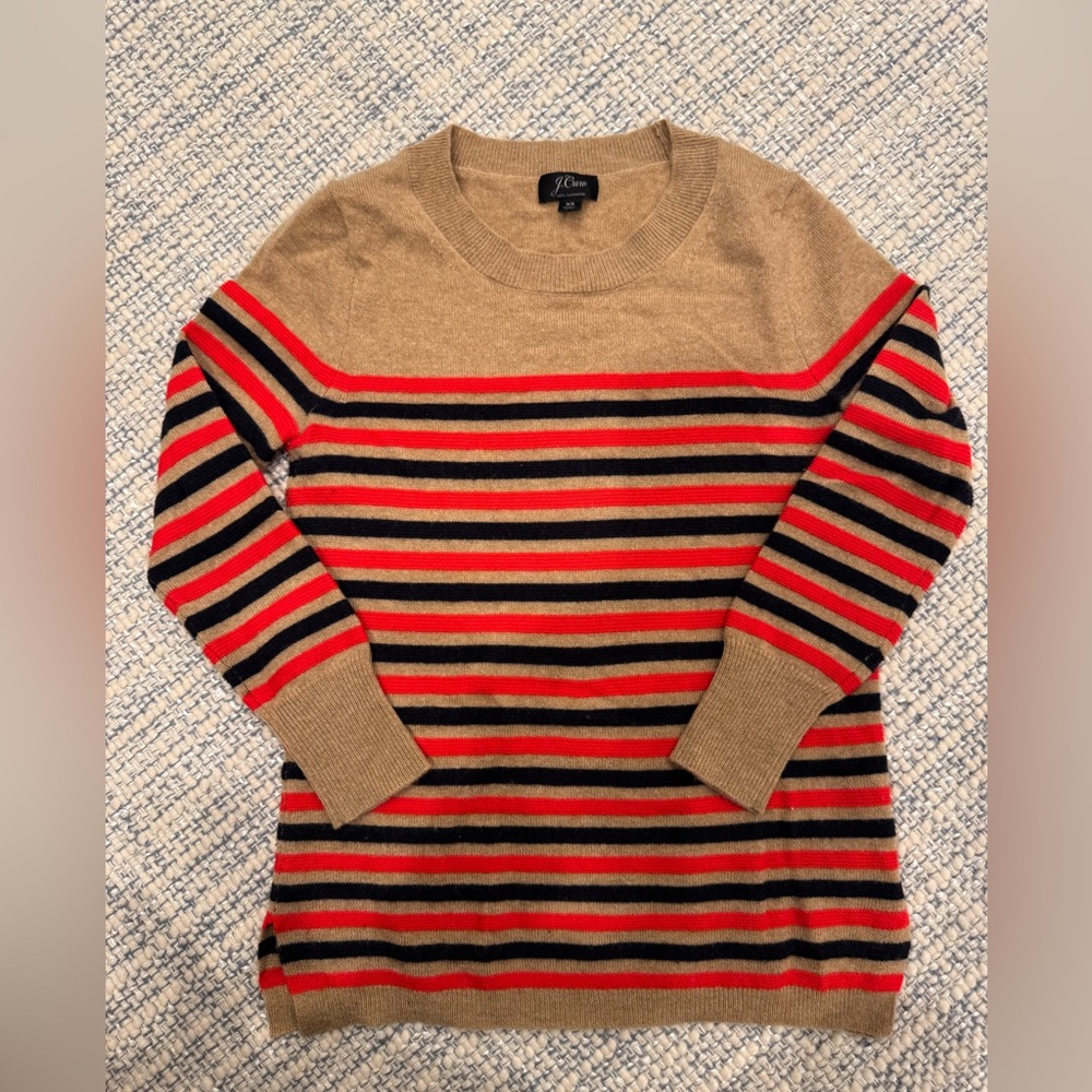 J. Crew Tan and Red Striped Sweater
